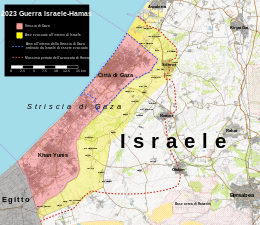 Striscia di Gaza (rosso)Aree evacuate all'interno di Israele (giallo) Massima estensione dell’avanzata palestinese (linea rossa tratteggiata) Aree soggette ad evacuazione all'interno della Striscia di Gaza (linea tratteggiata in blu)